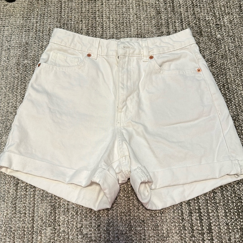 Mango White Mom Fit High Rise Cuffed Denim Shorts